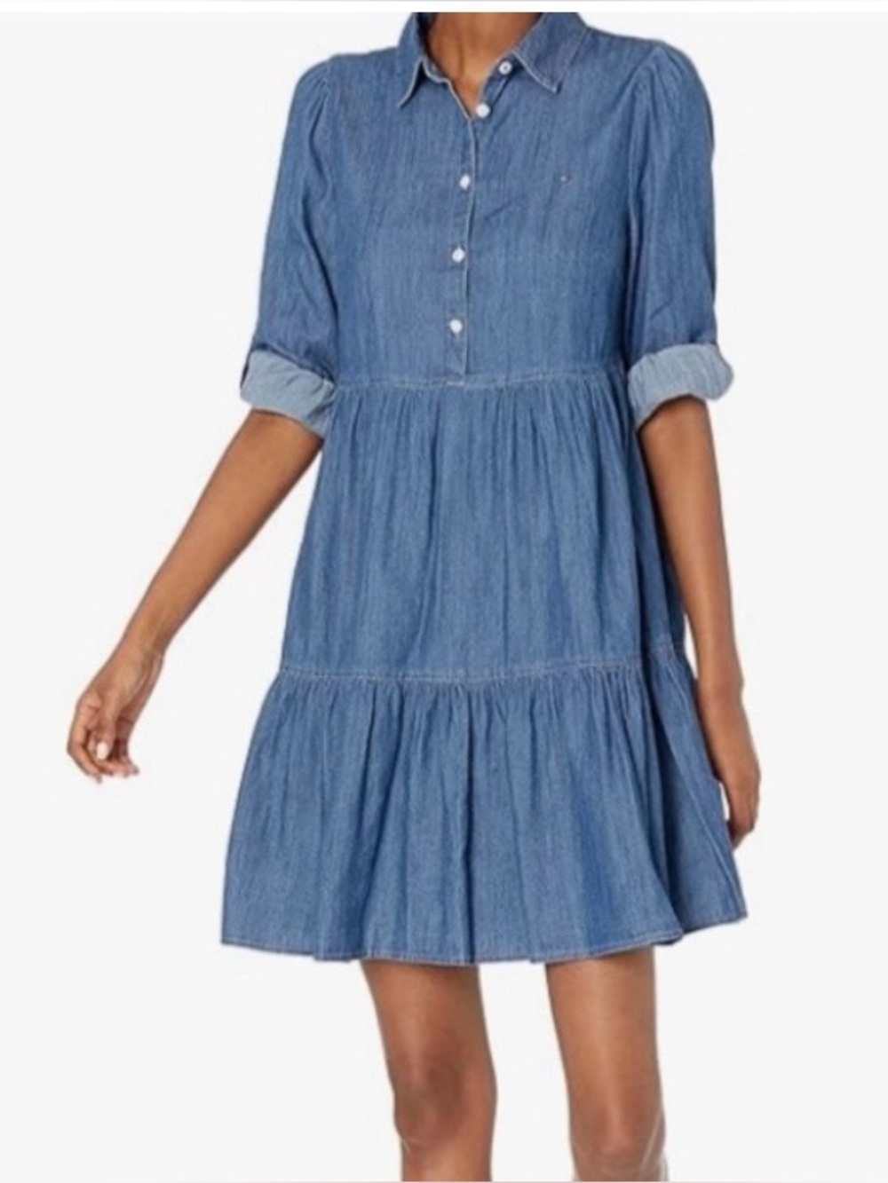 Tommy Hilfiger Tiered Popover Babydoll Style Denim Dress 12
